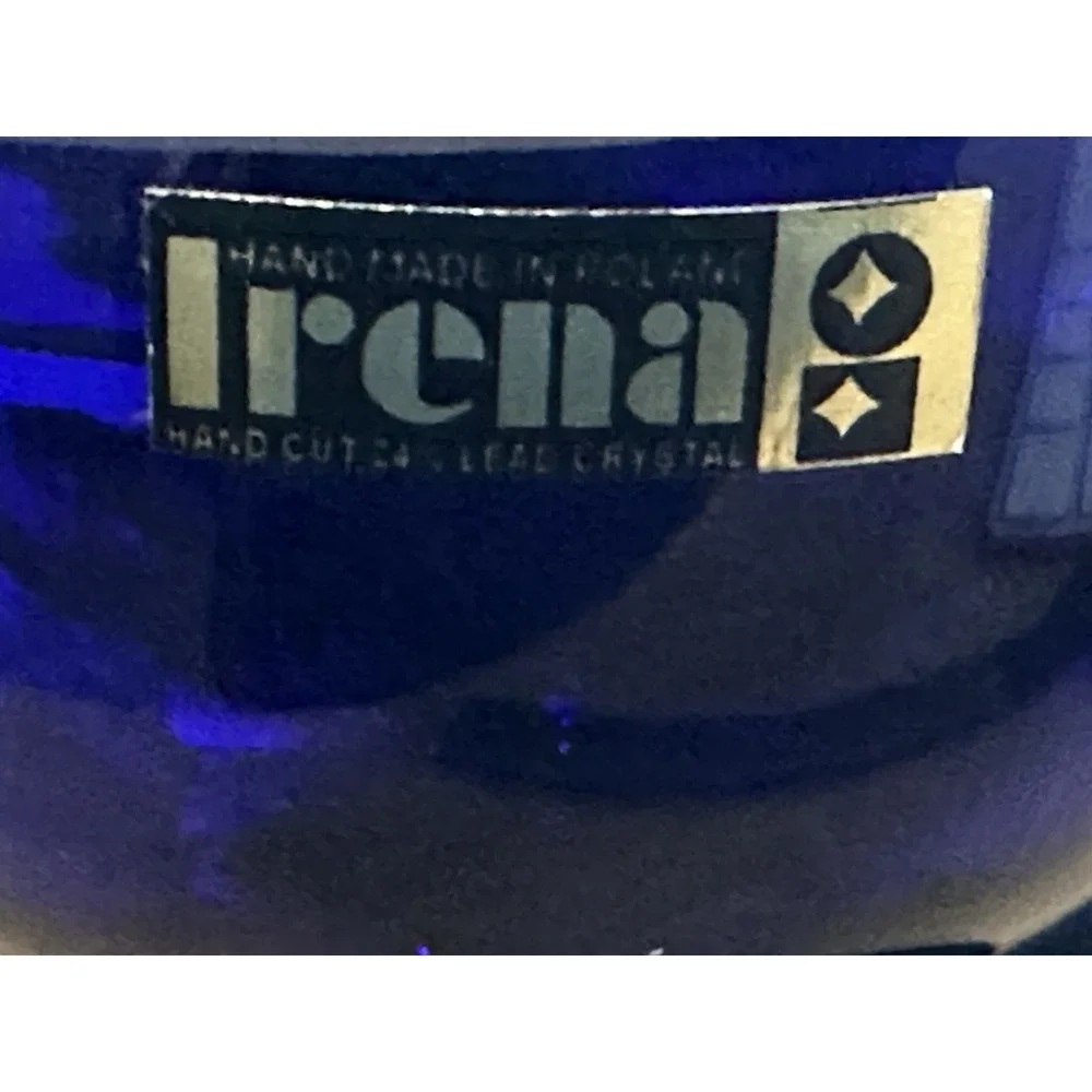 Irena Poland 24% Lead Crystal Cobalt Blue Gold Hand Cut Container Candy Dish Lid